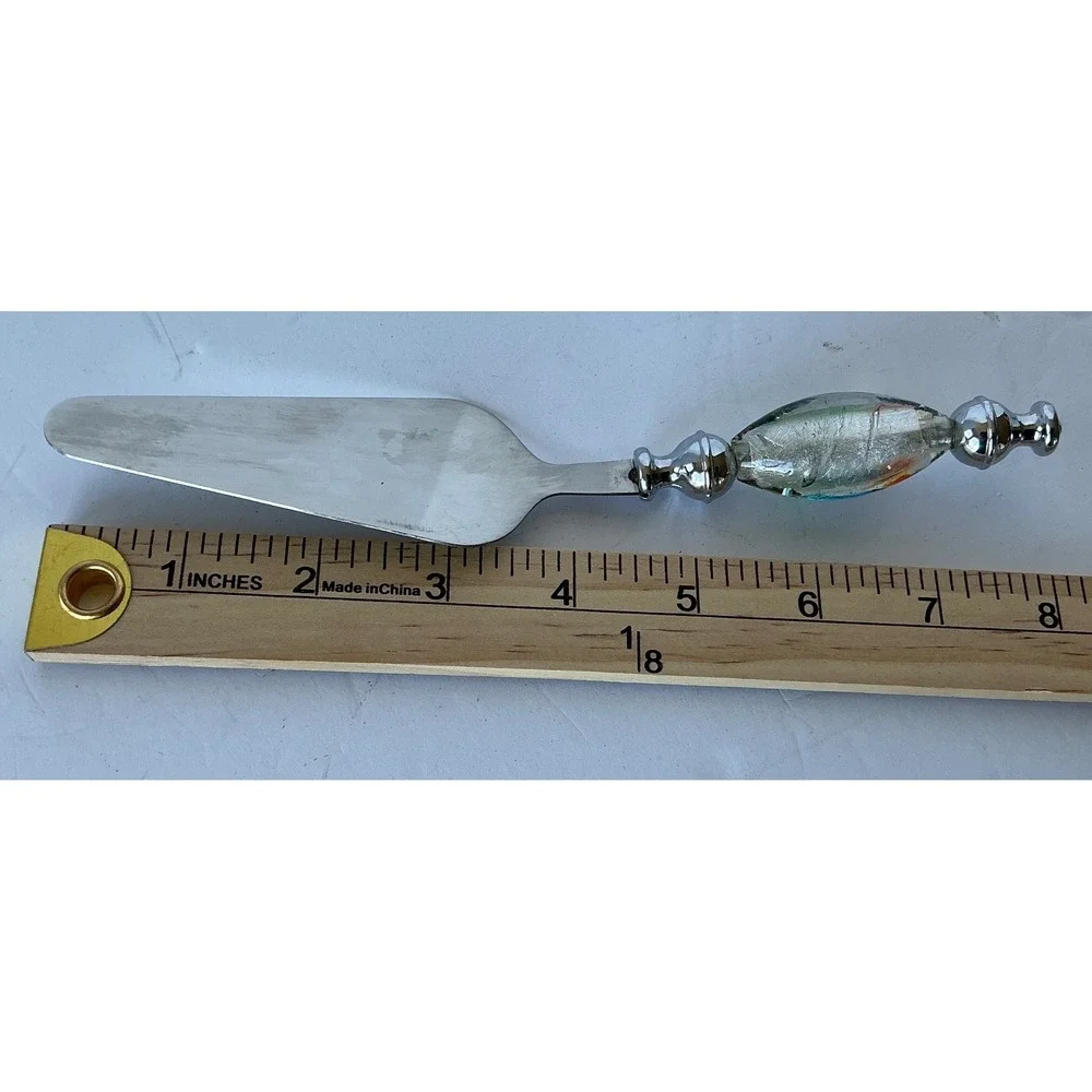 Cake Server Murano Style Art Glass Handle‎ Silver Swirl 9.5in Elegant